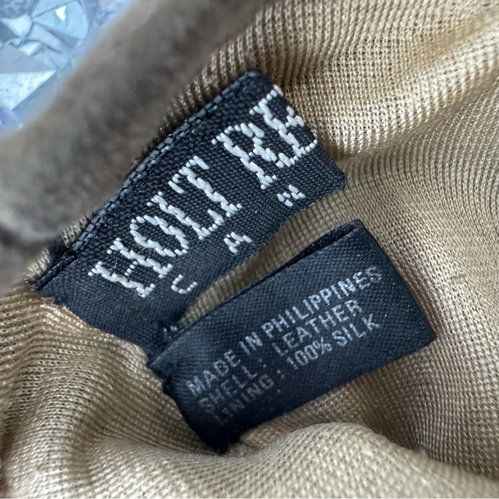 Holt renfrew gloves mittens taupe brown grey nude leather silk cinched sides 7 - Picture 5 of 16